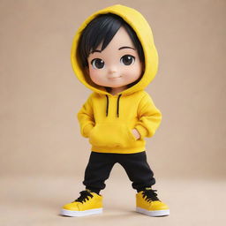 Chibi style boy dressed in a vibrant yellow hoodie, black pants, and matching yellow shoes