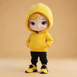 Chibi style boy dressed in a vibrant yellow hoodie, black pants, and matching yellow shoes