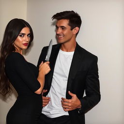 A realistic scene featuring a woman with a stern expression wearing a black bodycon dress, holding a knife, which is placed against the neck of a handsome man