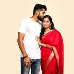 A handsome man wearing a white t-shirt and jeans is giving a kiss on the cheek to a woman who is wearing a red saree