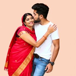 A handsome man wearing a white t-shirt and jeans is giving a kiss on the cheek to a woman who is wearing a red saree