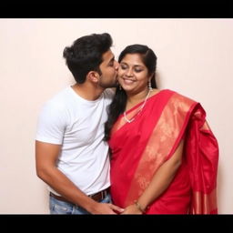 A handsome man wearing a white t-shirt and jeans is giving a kiss on the cheek to a woman who is wearing a red saree