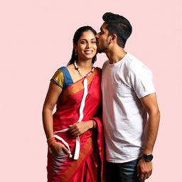 A handsome man wearing a white button-up t-shirt and jeans is giving a kiss on the cheek to a woman who is wearing a red saree