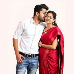 A handsome man wearing a white button-up t-shirt and jeans is giving a kiss on the cheek to a woman who is wearing a red saree