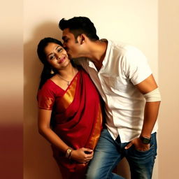 A handsome man wearing a white button-up t-shirt and jeans is giving a kiss on the cheek to a woman who is wearing a red saree