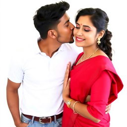 A handsome man wearing a white button-up t-shirt and jeans is giving a kiss on the cheek to a woman who is wearing a red saree