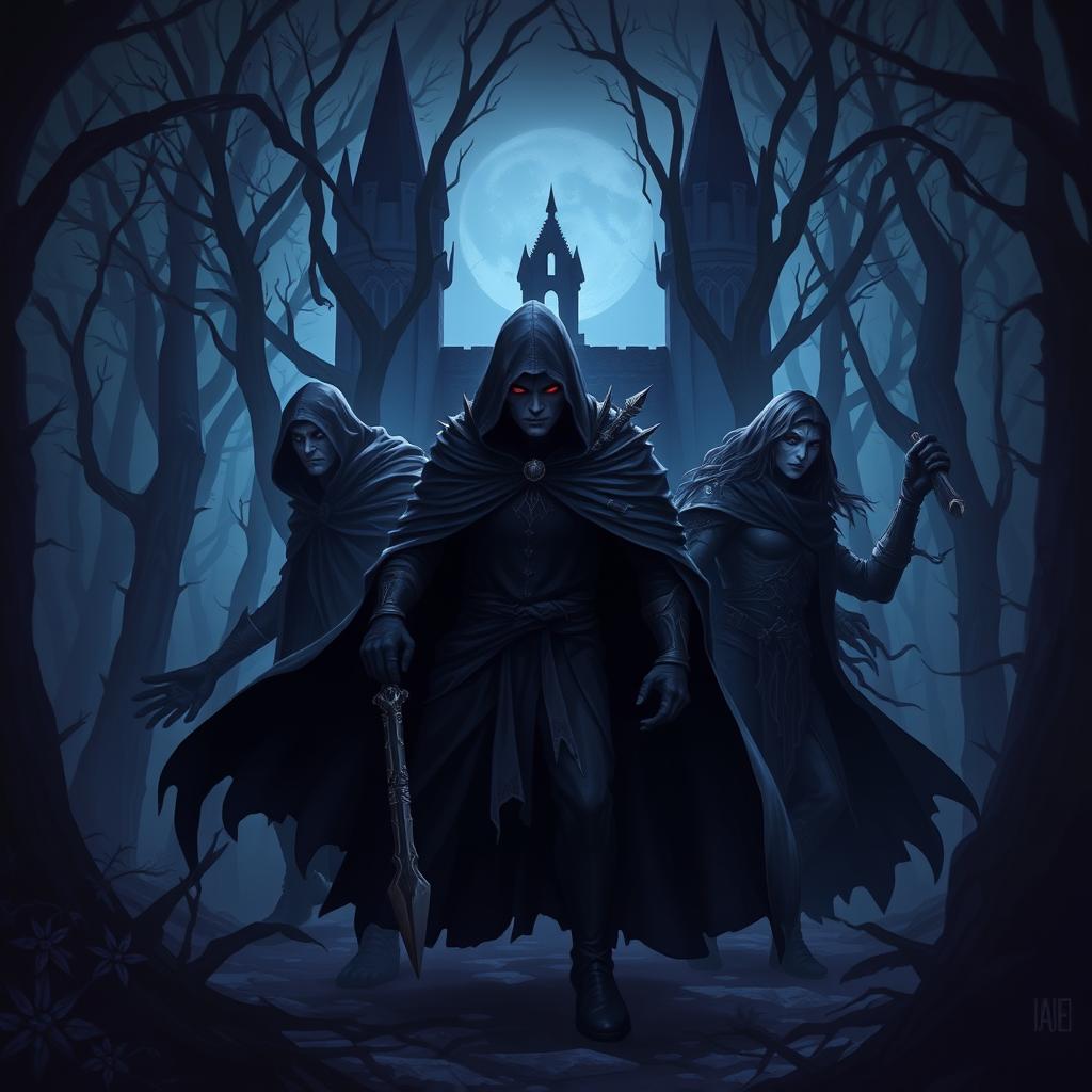 A dark, foreboding forest or castle setting, hinting at the oppressive and shadowy nature of the Veridian Empire