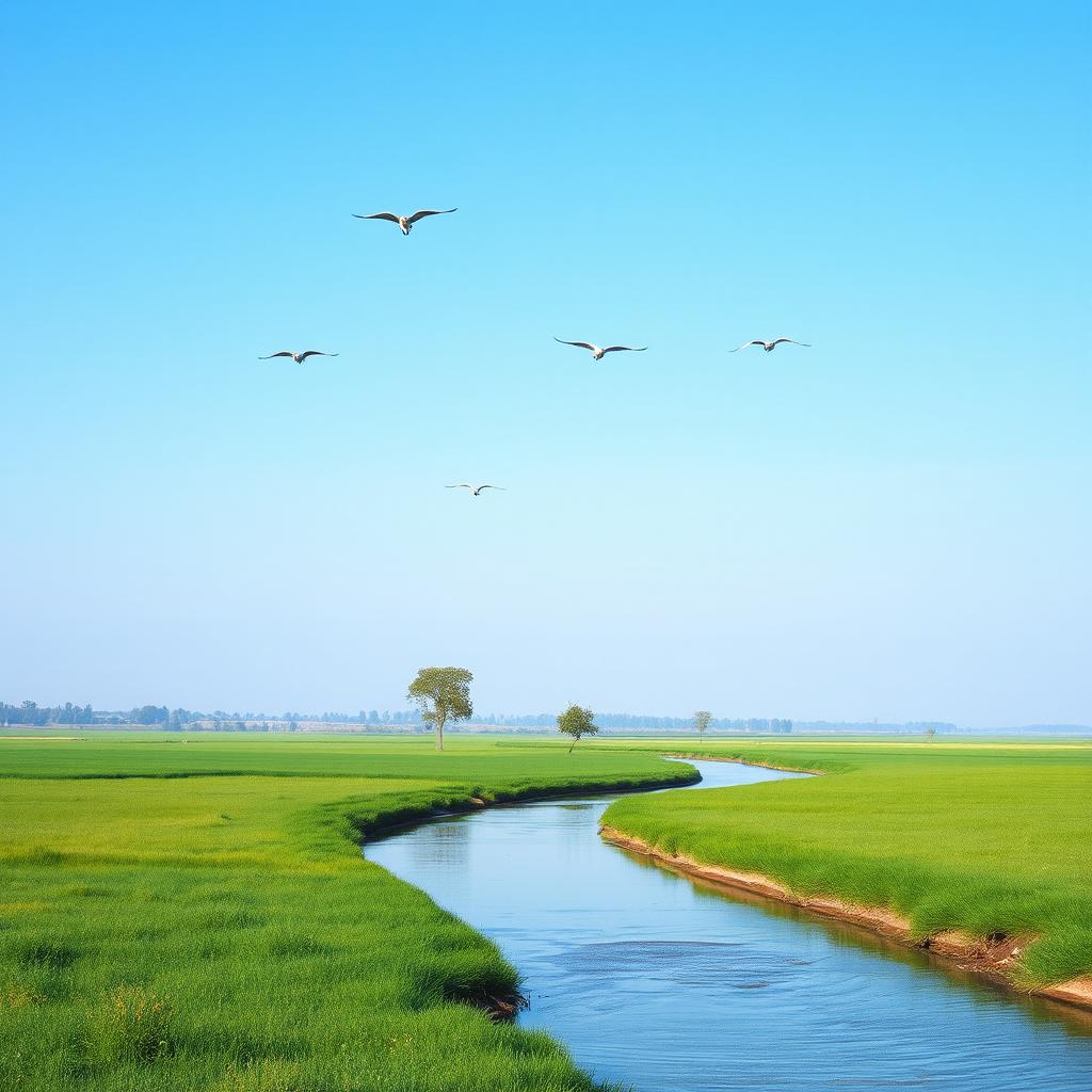 A serene landscape with a clear blue sky, lush green fields, and a calm river flowing through the middle