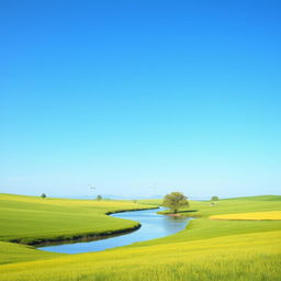 A serene landscape with a clear blue sky, lush green fields, and a calm river flowing through the middle