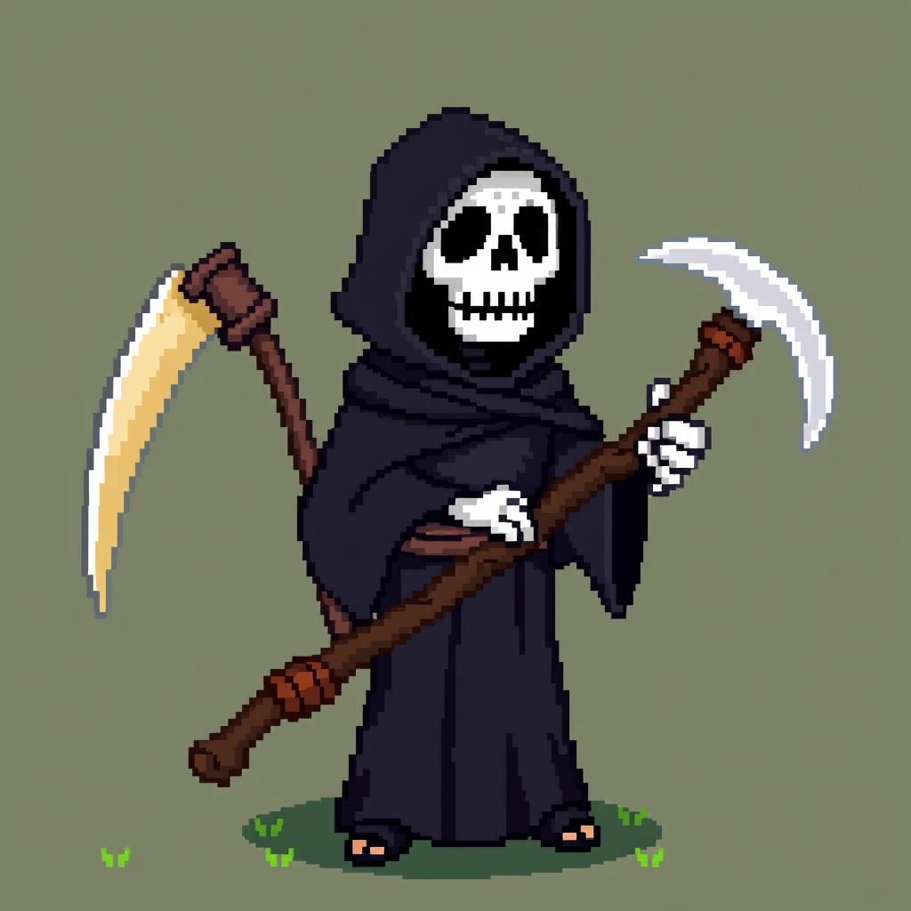 A pixel art character of a grim reaper in the style of Stardew Valley