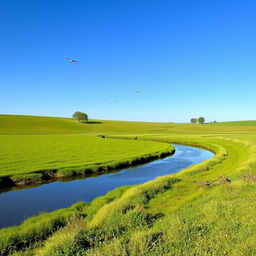 A serene landscape with a clear blue sky, lush green fields, and a calm river flowing through the middle