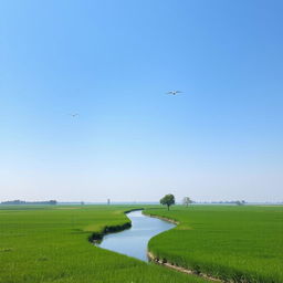 A serene landscape with a clear blue sky, lush green fields, and a calm river flowing through the middle