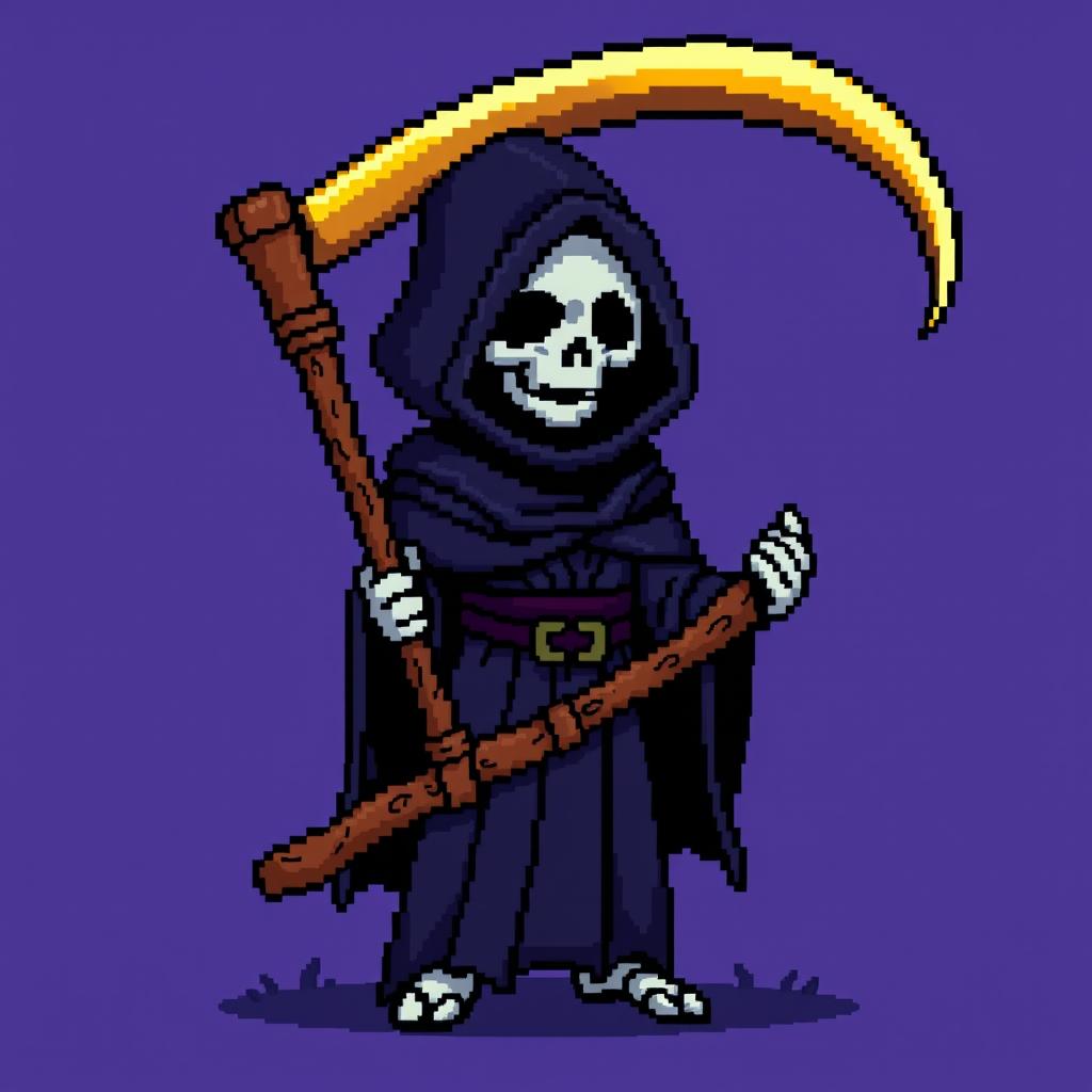 A pixel art character of a grim reaper in the style of Stardew Valley