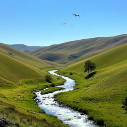 A serene landscape with a clear blue sky, green rolling hills, and a sparkling river flowing through the valley