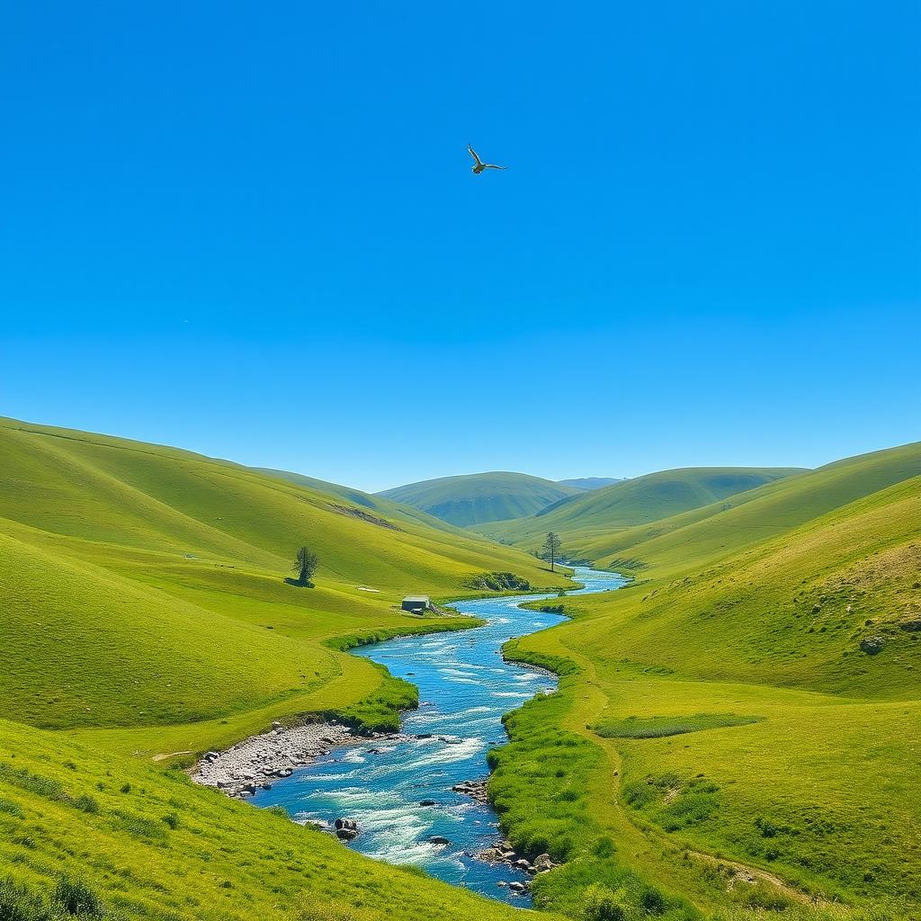 A serene landscape with a clear blue sky, green rolling hills, and a sparkling river flowing through the valley