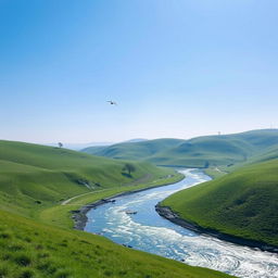 A serene landscape with a clear blue sky, green rolling hills, and a sparkling river flowing through the valley