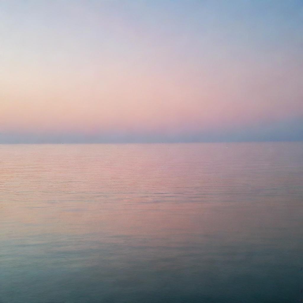 A serene sunset over a calm ocean, with pastel colors reflecting off the water