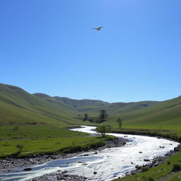 A serene landscape with a clear blue sky, green rolling hills, and a sparkling river flowing through the valley