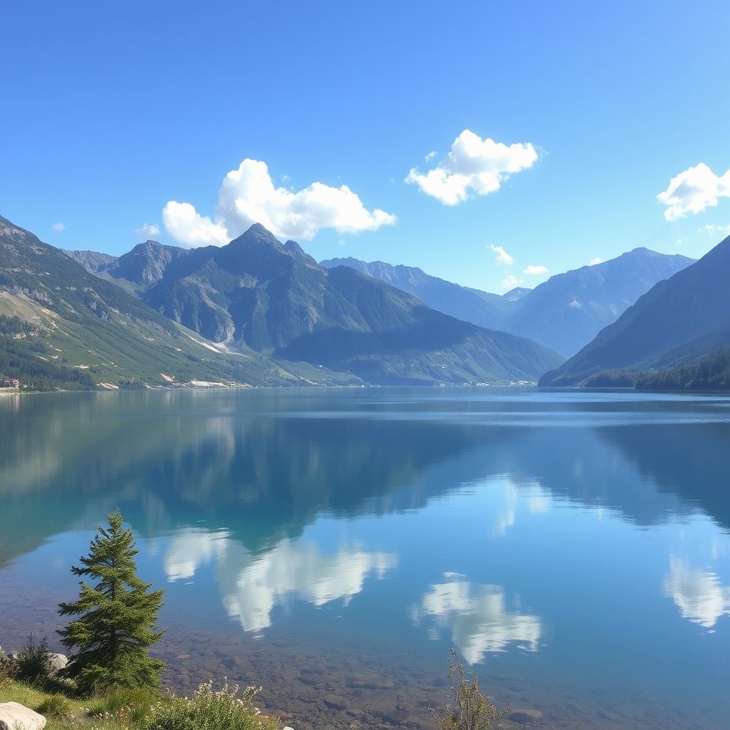 A beautiful landscape featuring a serene lake surrounded by mountains, with a clear blue sky and a few fluffy clouds