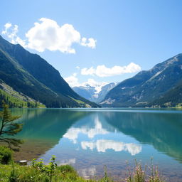 A beautiful landscape featuring a serene lake surrounded by mountains, with a clear blue sky and a few fluffy clouds