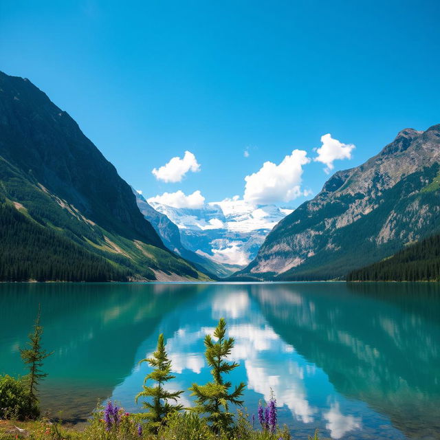 A beautiful landscape featuring a serene lake surrounded by mountains, with a clear blue sky and a few fluffy clouds