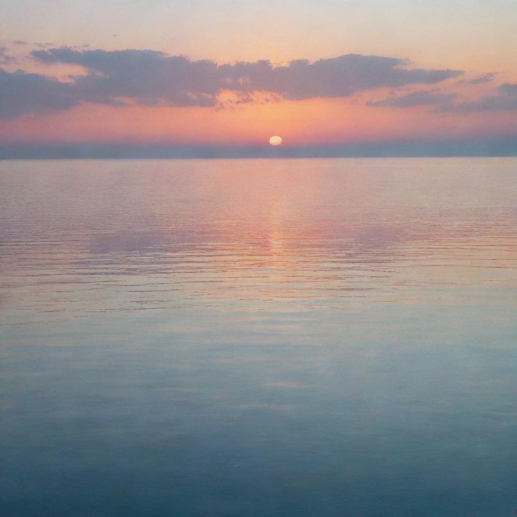 A serene sunset over a calm ocean, with pastel colors reflecting off the water