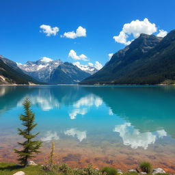 A beautiful landscape featuring a serene lake surrounded by mountains, with a clear blue sky and a few fluffy clouds