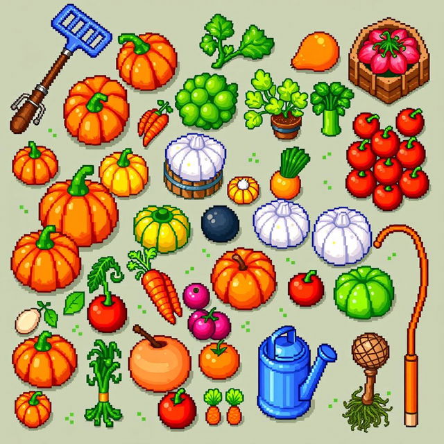 Various items in the style of Stardew Valley