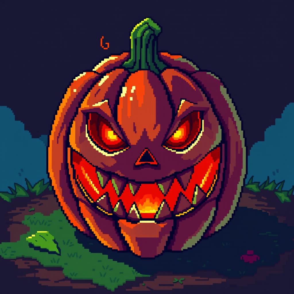 A sinister pumpkin in the style of Stardew Valley