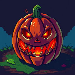 A sinister pumpkin in the style of Stardew Valley