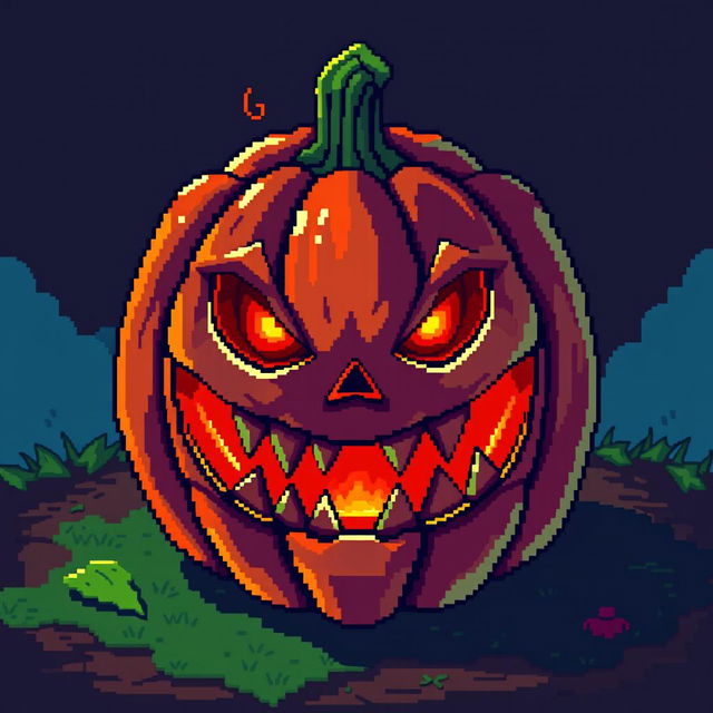 A sinister pumpkin in the style of Stardew Valley