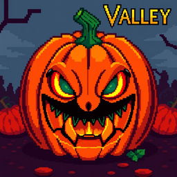 A sinister pumpkin in the style of Stardew Valley