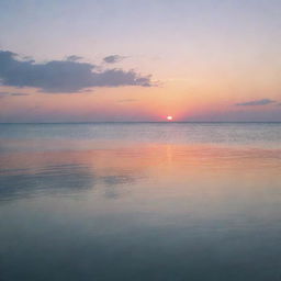 A serene sunset over a calm ocean, with pastel colors reflecting off the water