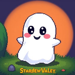 A character of a friendly night ghost in the style of Stardew Valley