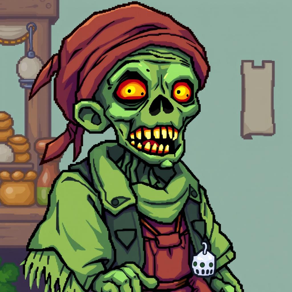 A character of a zombie merchant in the style of Stardew Valley