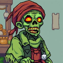 A character of a zombie merchant in the style of Stardew Valley