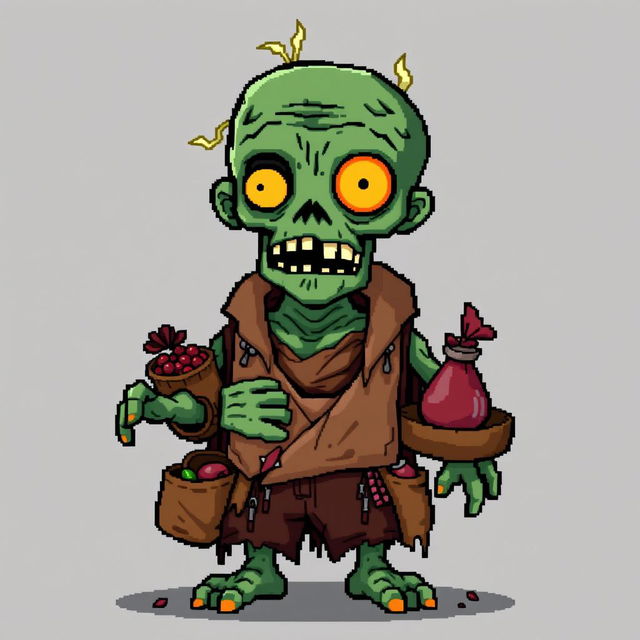 A character of a zombie merchant in the style of Stardew Valley