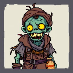 A character of a zombie merchant in the style of Stardew Valley