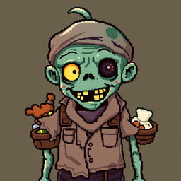 A character of a zombie merchant in the style of Stardew Valley