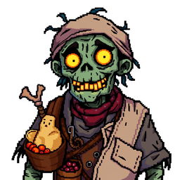 A character of a zombie merchant in the style of Stardew Valley