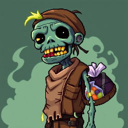 A character of a zombie merchant in the style of Stardew Valley