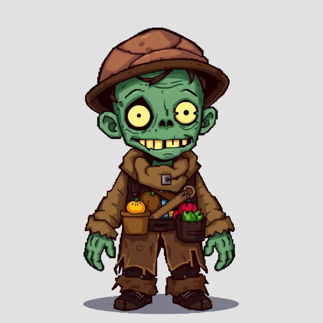 A character of a zombie merchant in the style of Stardew Valley