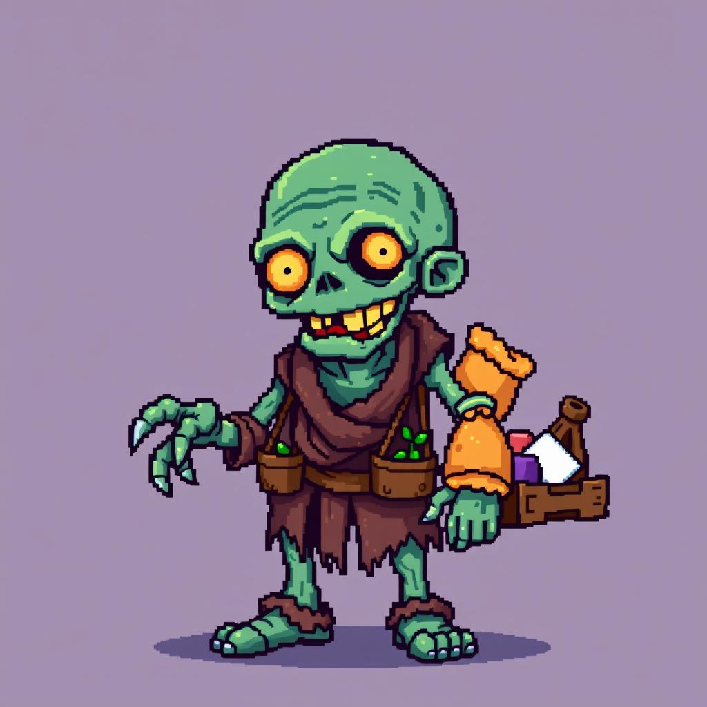 A pixel art character of a zombie merchant in the style of Stardew Valley