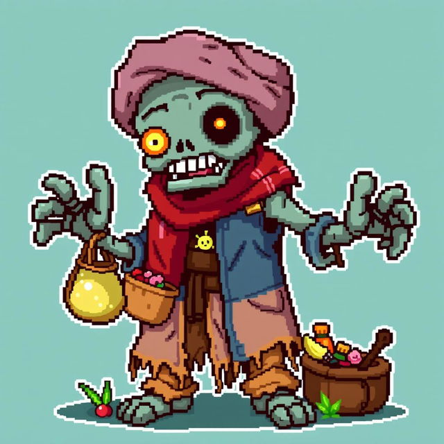 A pixel art character of a zombie merchant in the style of Stardew Valley