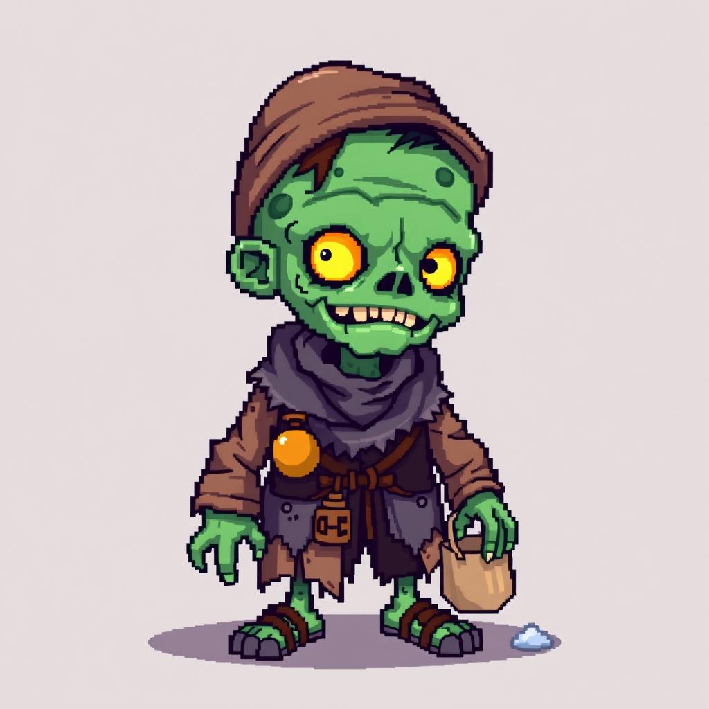 A pixel art character of a zombie merchant in the style of Stardew Valley