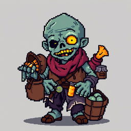 A pixel art character of a zombie merchant in the style of Stardew Valley