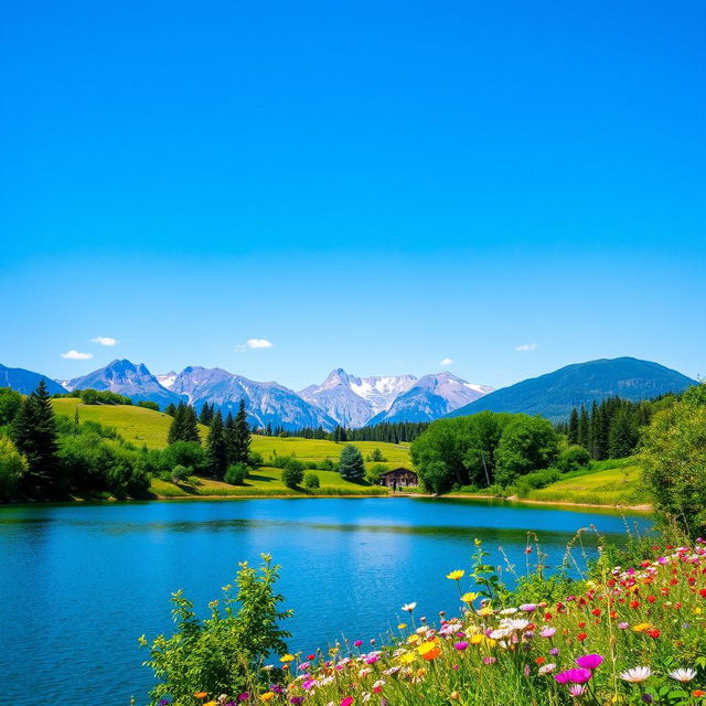 A beautiful landscape with a clear blue sky, mountains in the background, and a serene lake in the foreground