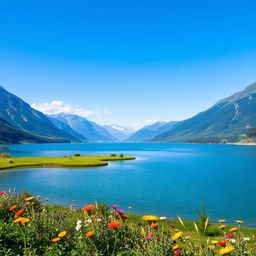 A beautiful landscape with a clear blue sky, mountains in the background, and a serene lake in the foreground