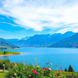 A beautiful landscape with a clear blue sky, mountains in the background, and a serene lake in the foreground