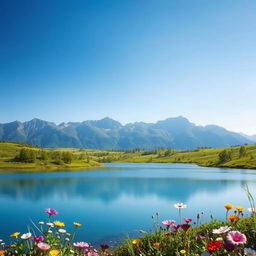 A beautiful landscape with a clear blue sky, mountains in the background, and a serene lake in the foreground